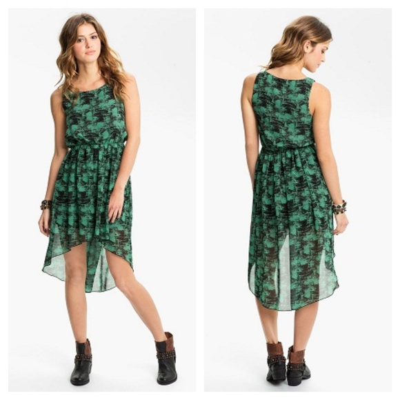 Nordstrom Soprano High Low Printed Chiffon Dress Green Black Sleeveless Sz Small - Picture 1 of 7
